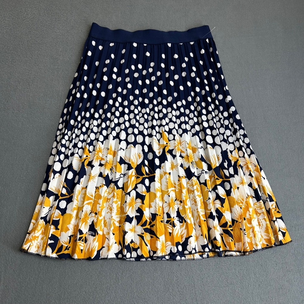Metrowear Skirt Womens M Navy Blue Polka Dot Floral Pleated Midi Elastic Waist